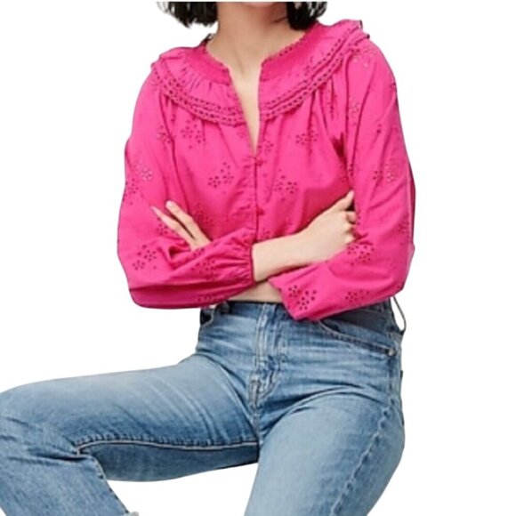 J. Crew Pink Eyelet Ruffled Collar Balloon Sleeve Peasant Blouse Size L - Picture 4 of 8